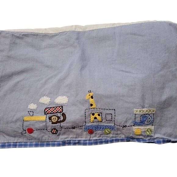 Boy's Pottery Barn Kids Crib Dust Cover Zoo Train Pin Striped Blue - Picture 1 of 4